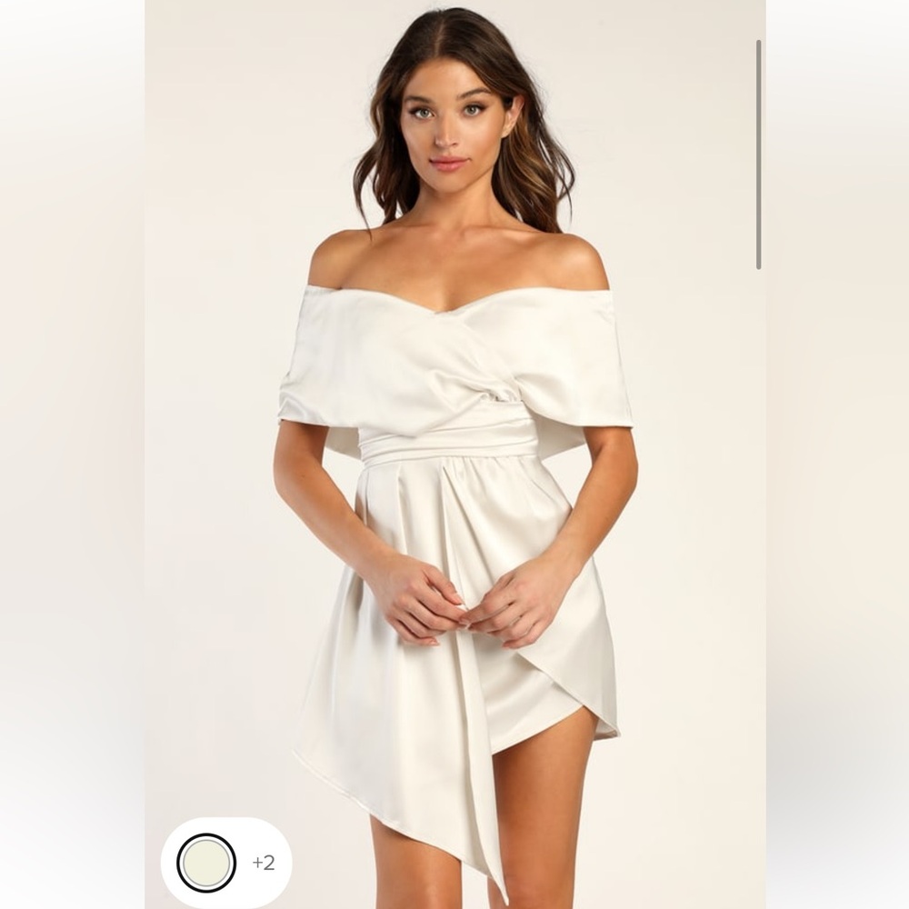 NWT - Size S - Lulu’s Always Celebrating Ivory Satin Off-the-Shoulder Mini Dress